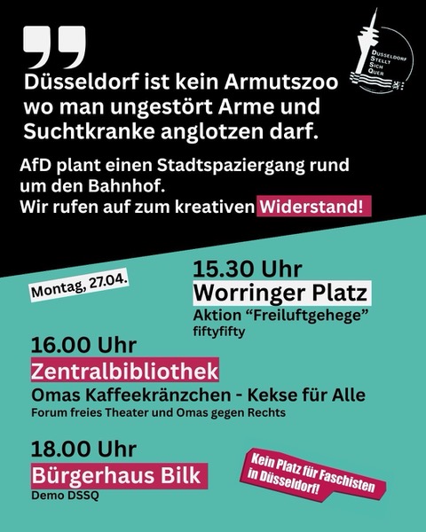 Flyer von Düsseldorf stellt sich quer mit Aufruf zum Widerstand gegen einen von der AfD rund um den Hauptbahnhof geplanten Stadtspaziergang.